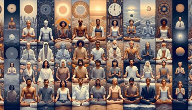 Illustration depicting diverse individuals in spiritual practices, showing subtle boredom amid serene settings, clocks, and fading light.