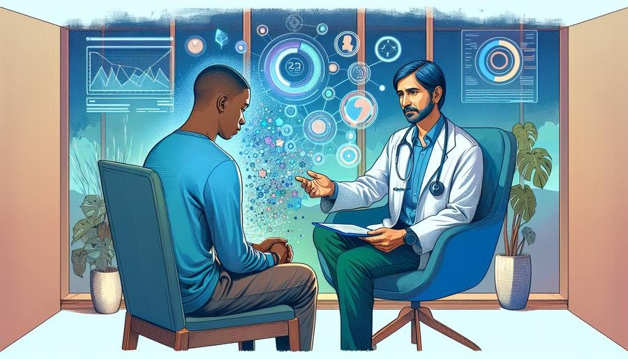 Therapist and patient in an AI-enhanced office, surrounded by digital elements, illustrating personalized mental health treatment for anxiety.