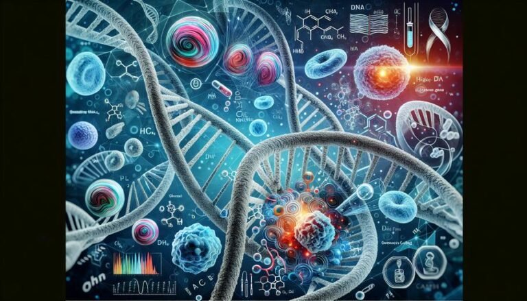 Illustration of DNA strands with nicks and gaps, contrasting healthy and BRCA-mutated cancer cells, emphasizing innovative cancer research.