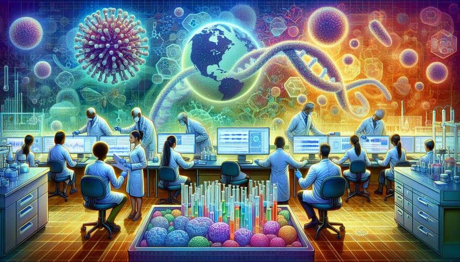 Scientists collaborating in a lab on Strep A vaccine research, featuring diverse researchers and a digital bacteria representation.