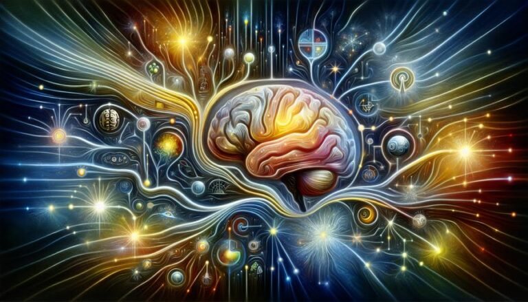 Illustration of a glowing human brain surrounded by vibrant neural pathways, representing abstract memory processing and cognitive connections.