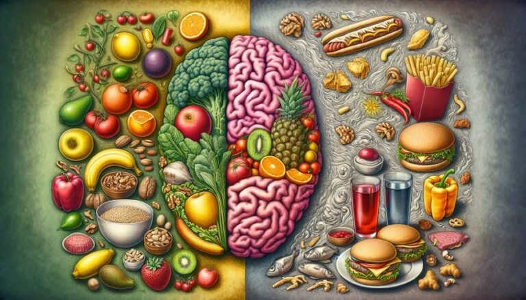 Illustration contrasting a vibrant, healthy brain with a deteriorating brain surrounded by healthy foods and fast food items.