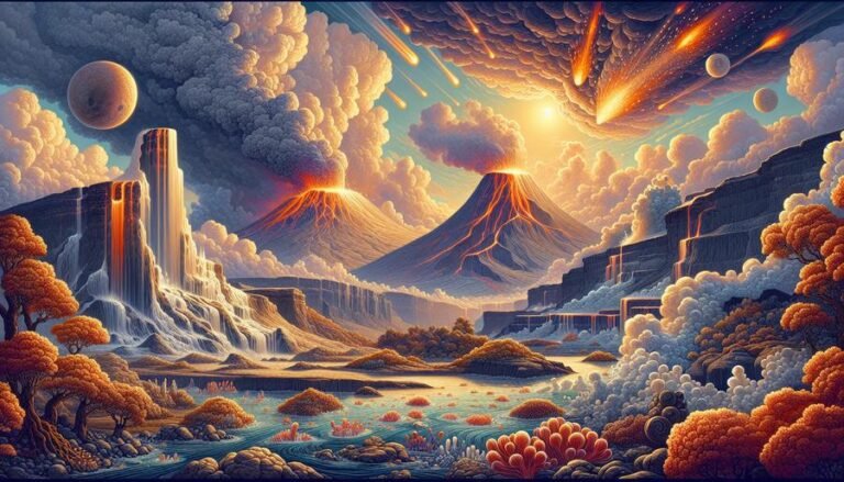 Ancient Earth landscape during the late Archean eon with volcanoes, ocean life, and dynamic geological features.