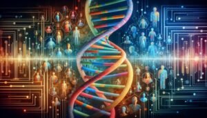 Vibrant DNA helix symbolizes inclusivity in genetic research, surrounded by diverse individuals engaging with technology in an optimistic theme.