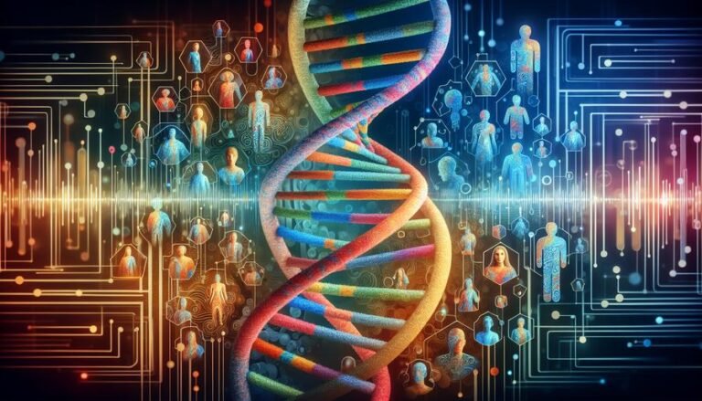 Vibrant DNA helix symbolizes inclusivity in genetic research, surrounded by diverse individuals engaging with technology in an optimistic theme.