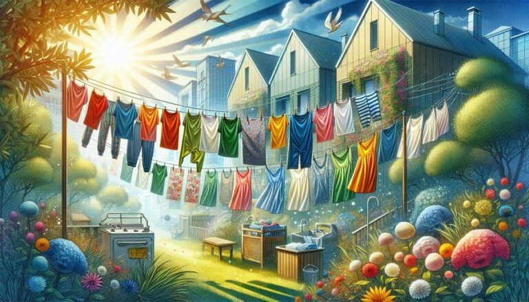 Vibrant outdoor scene with colorful clothes on a line, eco-friendly houses, trees, flowers, and birds, emphasizing sustainable living.